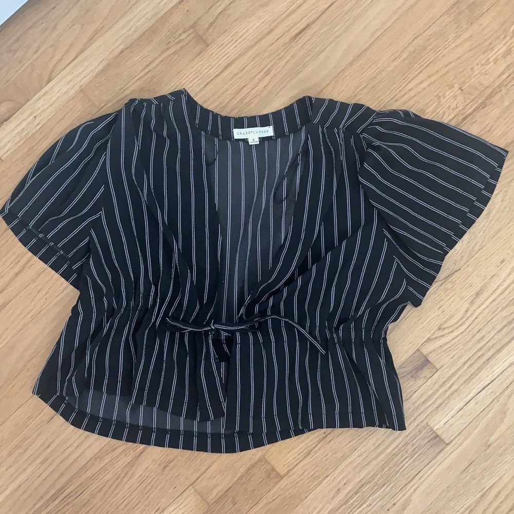 Black and white tie front blouse